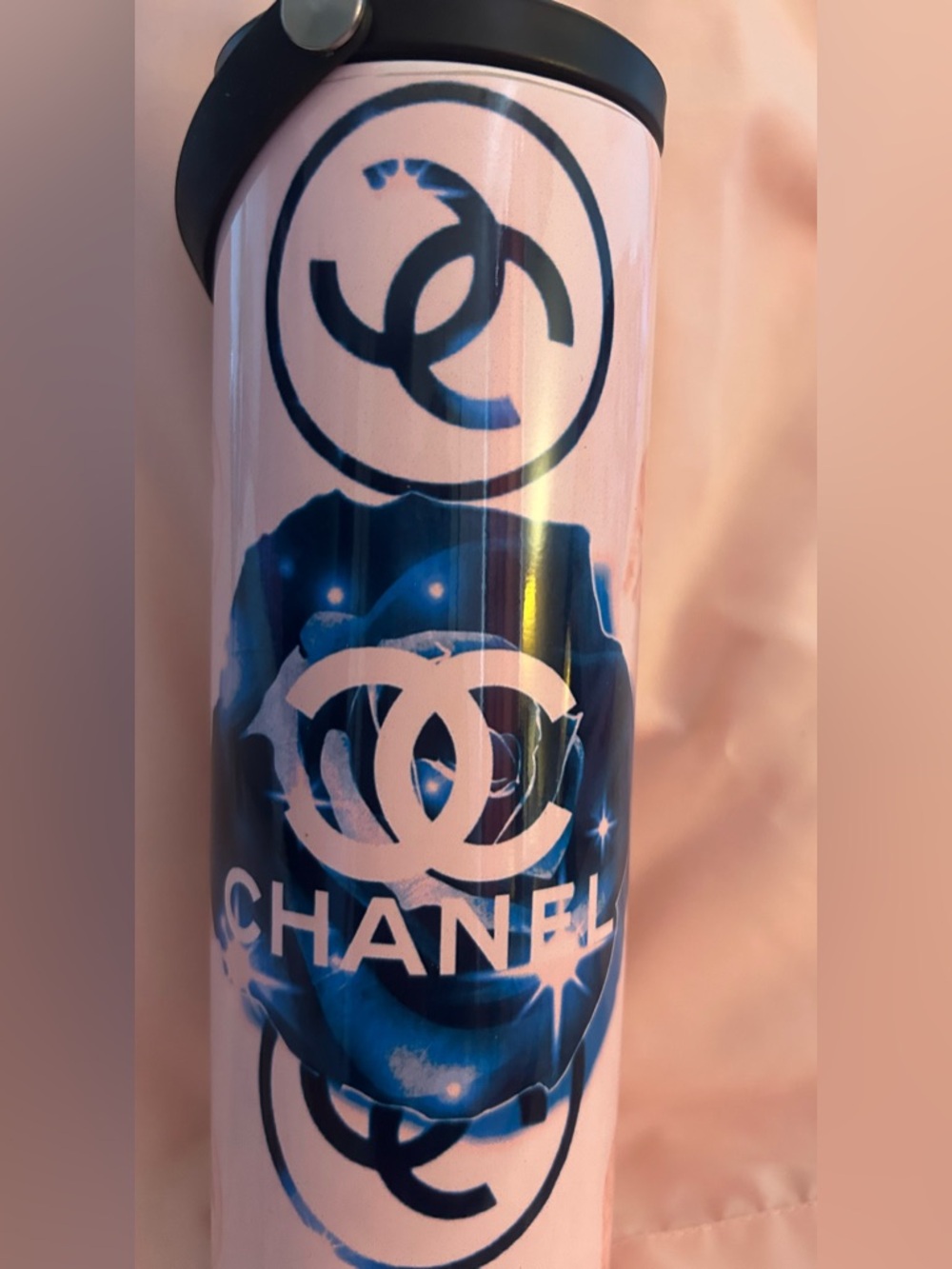 CHANEL inspired Pink and Blue Logo Travel Tumbler